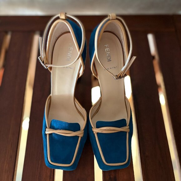 FENDI Pumps/Heels Suede Blue/Tan Size EU 38 US 8 - Picture 2 of 5